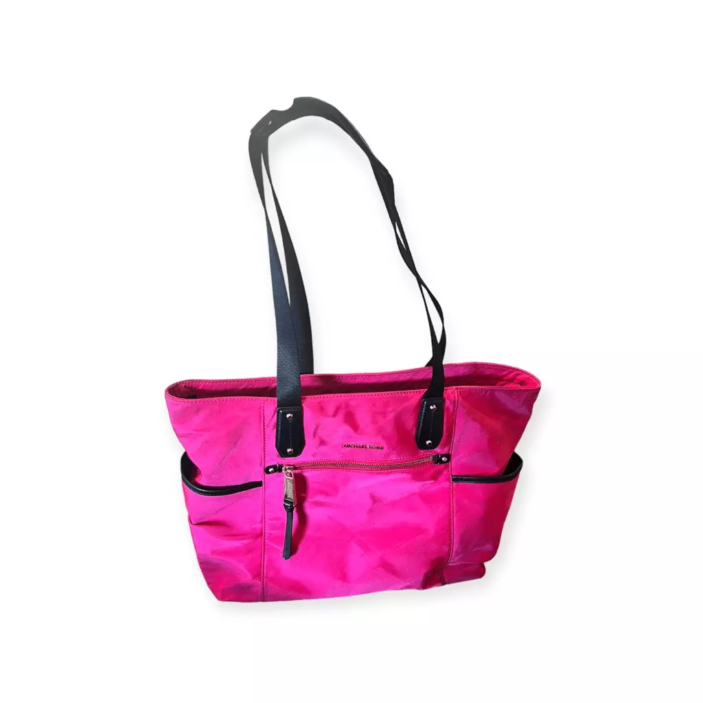 Michael Kors Poly Top Tote hot pink fusia color black leather trim gold accents