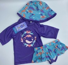 Girls Size 3T UV Skinz 3-Piece Swim Set Swimsuit Hat UPF 50 Purple Narwhal