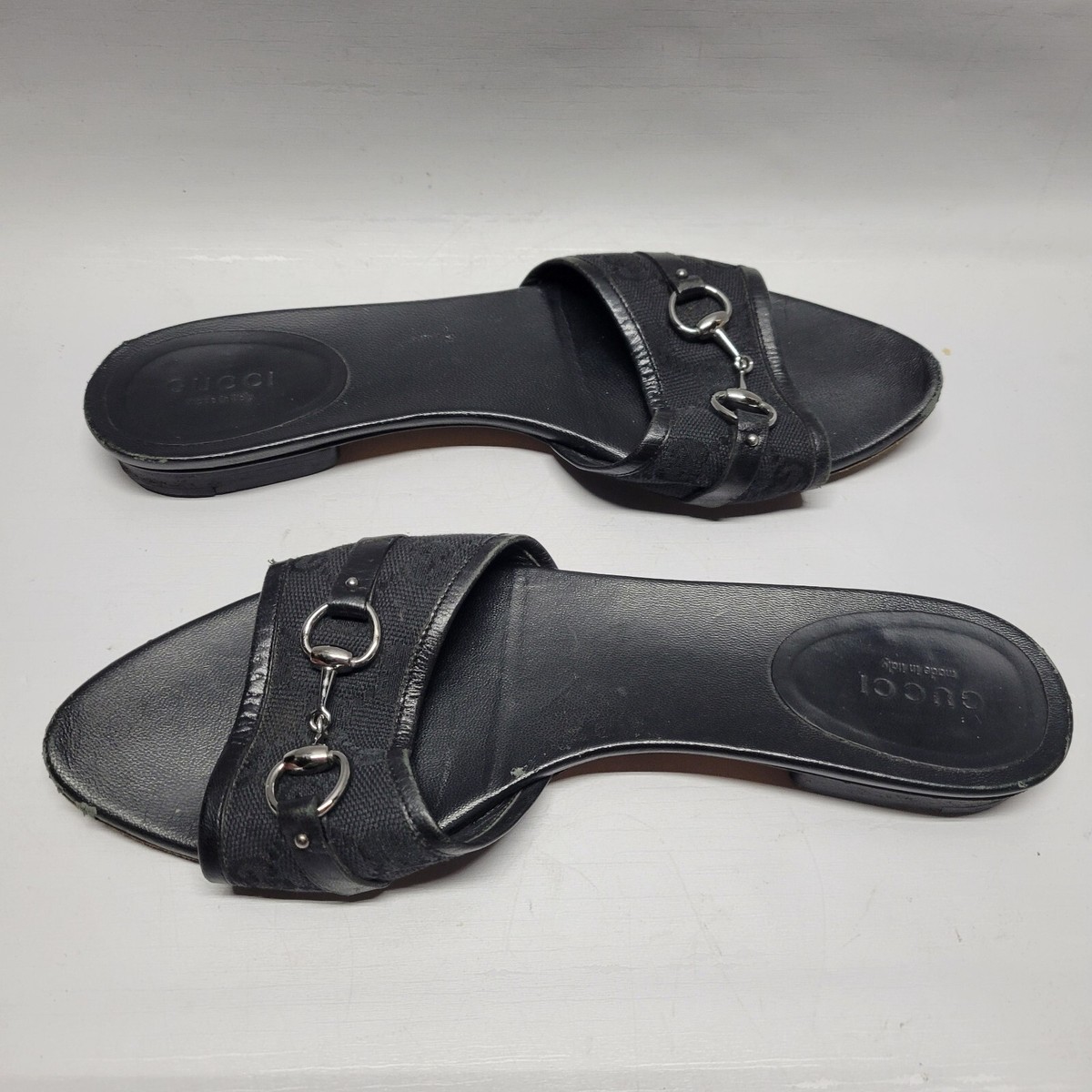 Gucci Black GG Canvas & Leather Horsebit Slide Sandals Size