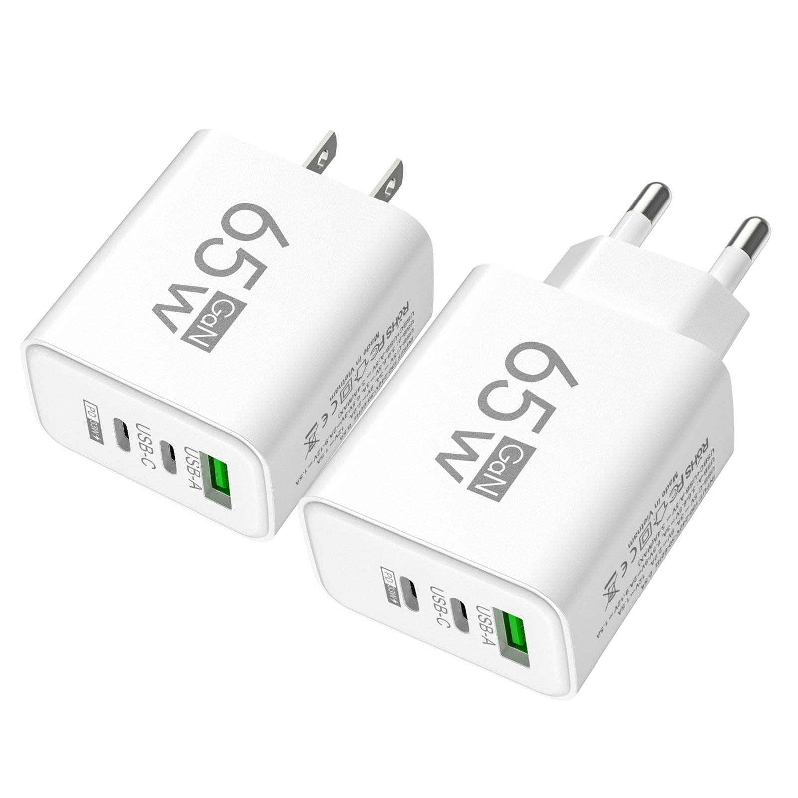 65W Triple USB Charger Block with Multi-Port Fast Phone Charging  