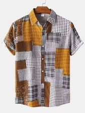 Camisa informal única con botones en blanco y amarillo y diseño de patchwork