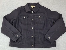 DG2 Diane Gilman Trucker Jacket Black Denim Button Up Pockets Womens Size L