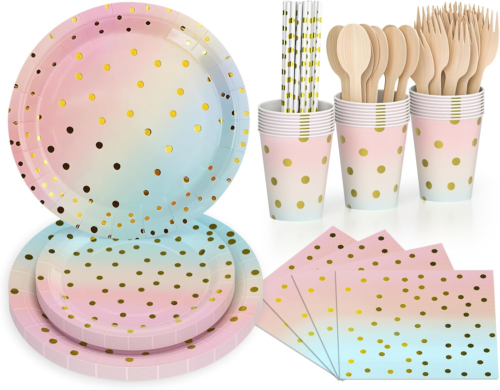 168PCS Pink and Gold-Pastel Party Supplies, Severs 24 Disposable Party Dinnerwar
