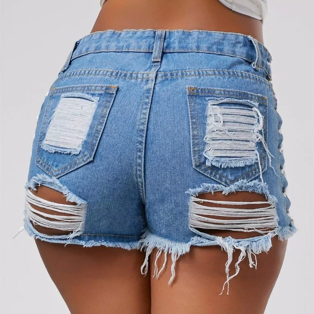 Pantalones Cortos De Vaqueros Para Mujer Rasgados De Cintura Alta