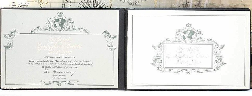 MAPA DE PLATA ESTERLINA THE ROYAL GEOGRAPHIC SOCIETY CON CERTIFICADO DE AUTENTICIDAD DE ORO DE 24 QUILATES 22"X14 1/2" Foto 3 de 4
