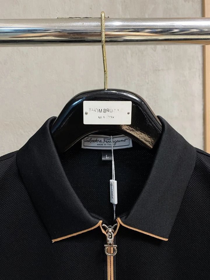 New Salvatore Ferragamo Men Cotton Polo Half Zip Logo Black - Image 2 of 4