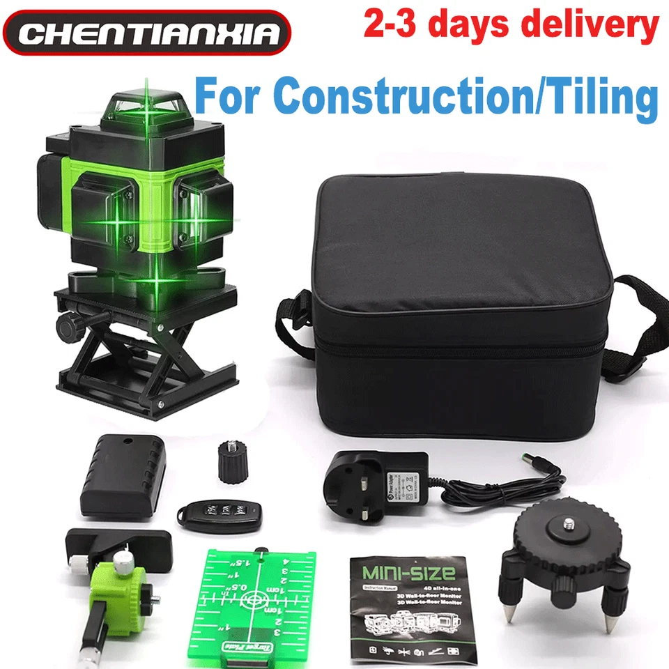 4D 16-Line Laser Level - 360° Green Beam Self-Leveling with UK Plug & Carry Case