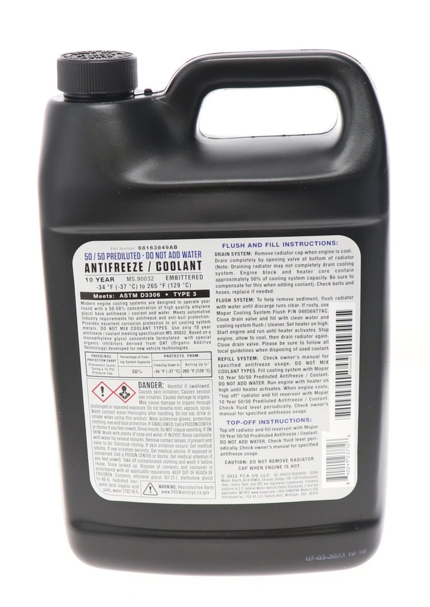 MOPAR 1 Gallon Antifreeze Coolant 50 50 Prediluted for Multiple