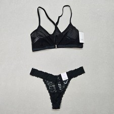 Auden Womens Black Mesh Bralette and Lace Thong Lingerie Set Size Medium M 8-10