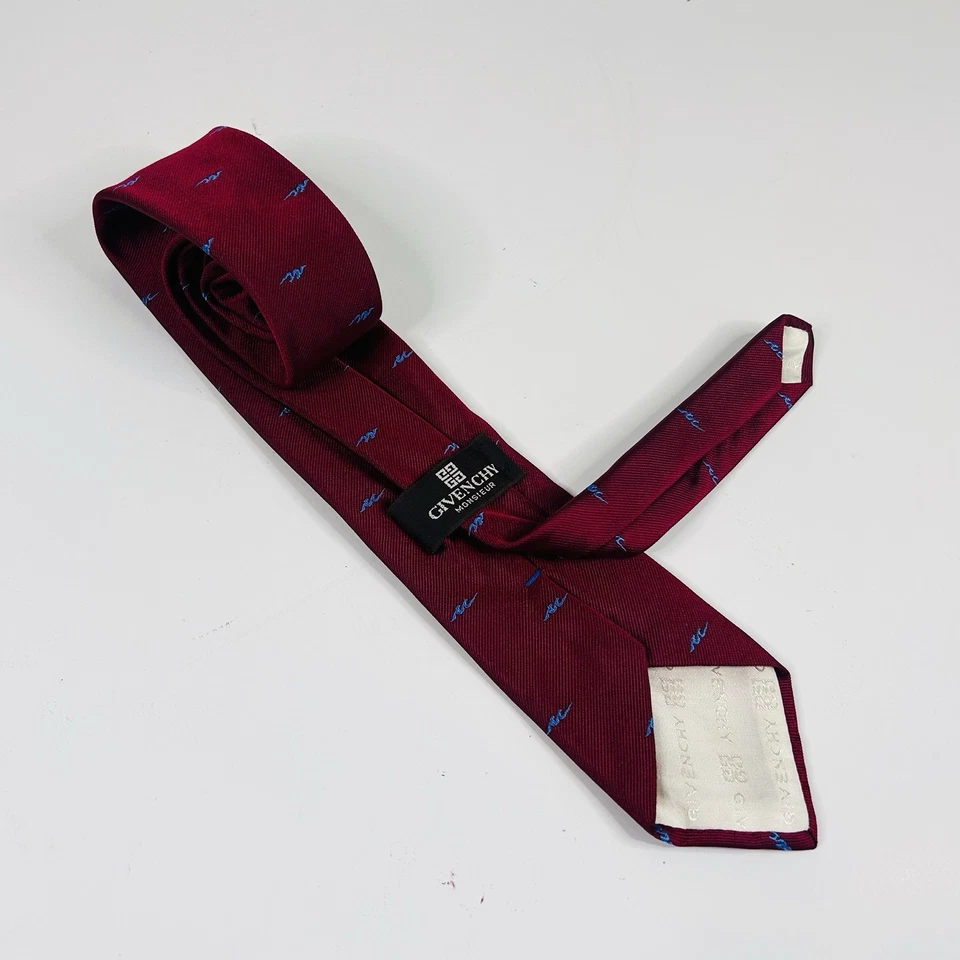 Givenchy Monsieur Vintage 100% Silk Necktie Squiggle Red Blue 57 1/2 x 3 1/4 - Image 2 of 3
