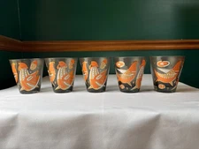 5 Mid Century Modern Signed Georges Briard Cocktail Glasses Orange & Gold Bird