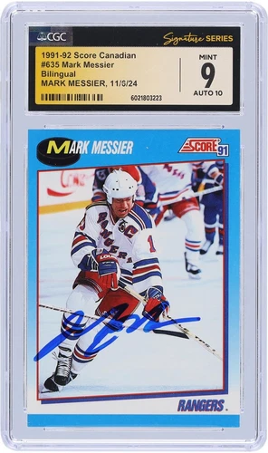 Mark Messier Rangers Signed 1991-92 Score Canadian Bilingual #635 CGC 9/10 Card