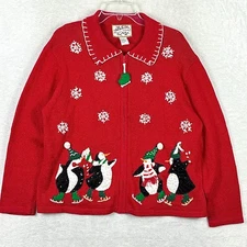 VTG 90s Heirloom Collectibles Christmas Sweater Womens L Red Snowflakes Penguins