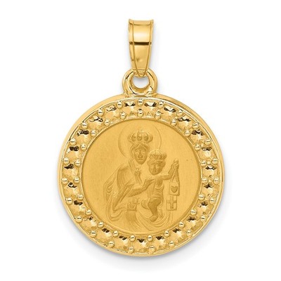 14K Gold Polished and Satin Hollow Our Lady of Mt. Carmel Medal Round Pendant