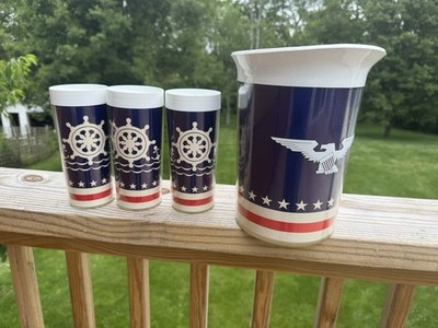 Vtg West Bend Thermo Serv Eagle Nautical USA Set 3 Glasses And Pitcher MCM CS4R