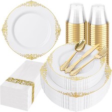 Hioasis 175pcs White and Gold Plastic Plates - Elegant Disposable Dinnerware ...