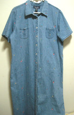 VTG 1990s Denim Co Embroidered Floral DenimJEAN Snap Front Maxi Shirtdress SZ XL