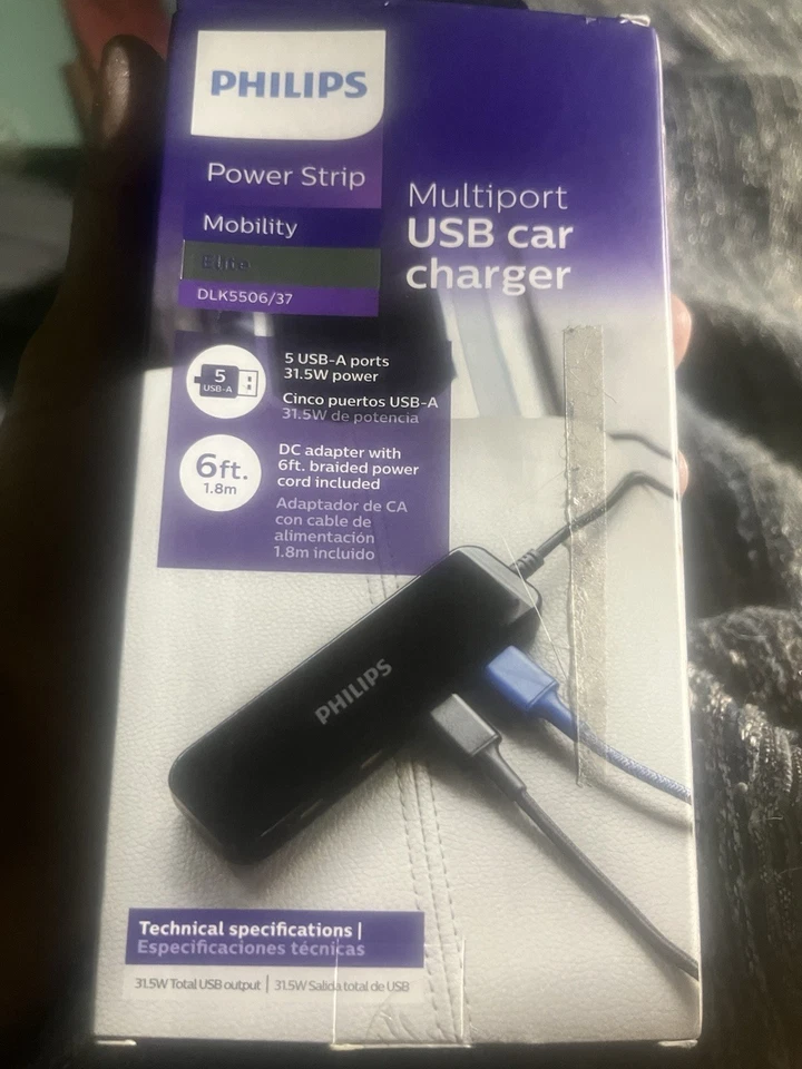 Novo em folha Philips Power Strip carregador USB multiportas para carro - Imagem 2 de 4