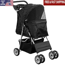 Pet Stroller Foldable Carrier Dogs Cats W/ Mesh Windows Storage Cup Holders New