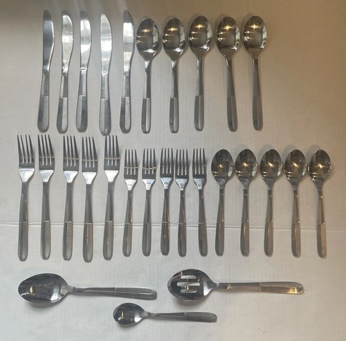 28 Cambridge Asher Stainless Steel Matte Flatware Svc 5 + Serving Silverware