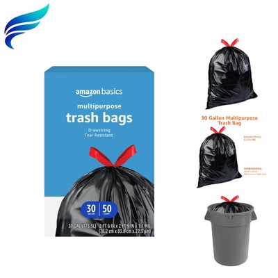 Multipurpose Drawstring Trash Bags, 30 Gallon, 50 Count Previously Solimo