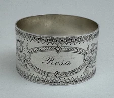 A Fabulous Antique Victorian Bright Cut Engraved Coin Silver Napkin Ring “ROSA”