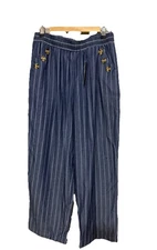 Robert Louis Pants Womens 1X Navy White Striped Pockets Wide Leg Pants NEW $42