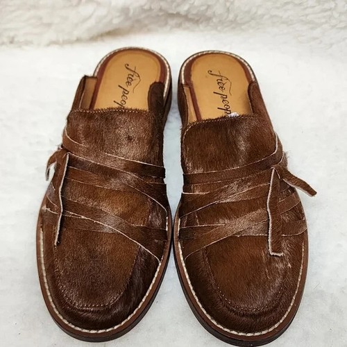 Free People Women Saratoga Mule Sandals Brown Calf Hair Block Heel Slip On Sz 6 - Picture 2 of 6