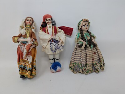 LOT of 3 Russian & Greek 7'' Vintage DOLLS Man & Woman Babushka Antique