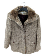 Larry Levine Coat Womens 12 Beige Wool Tweed Knit Herringbone Fur Collar Jacket