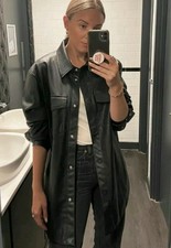 H&m Trend Black Faux Leather Oversized Shirt Jacket Xs 8 10 Bnwt