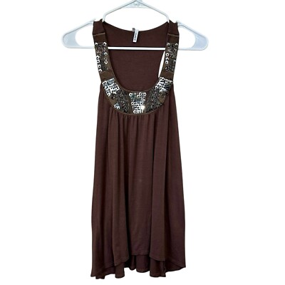 Studio Y Y2K Tank Top Sz M Brown Bling A-line Flowy Sequined Beaded 2000s