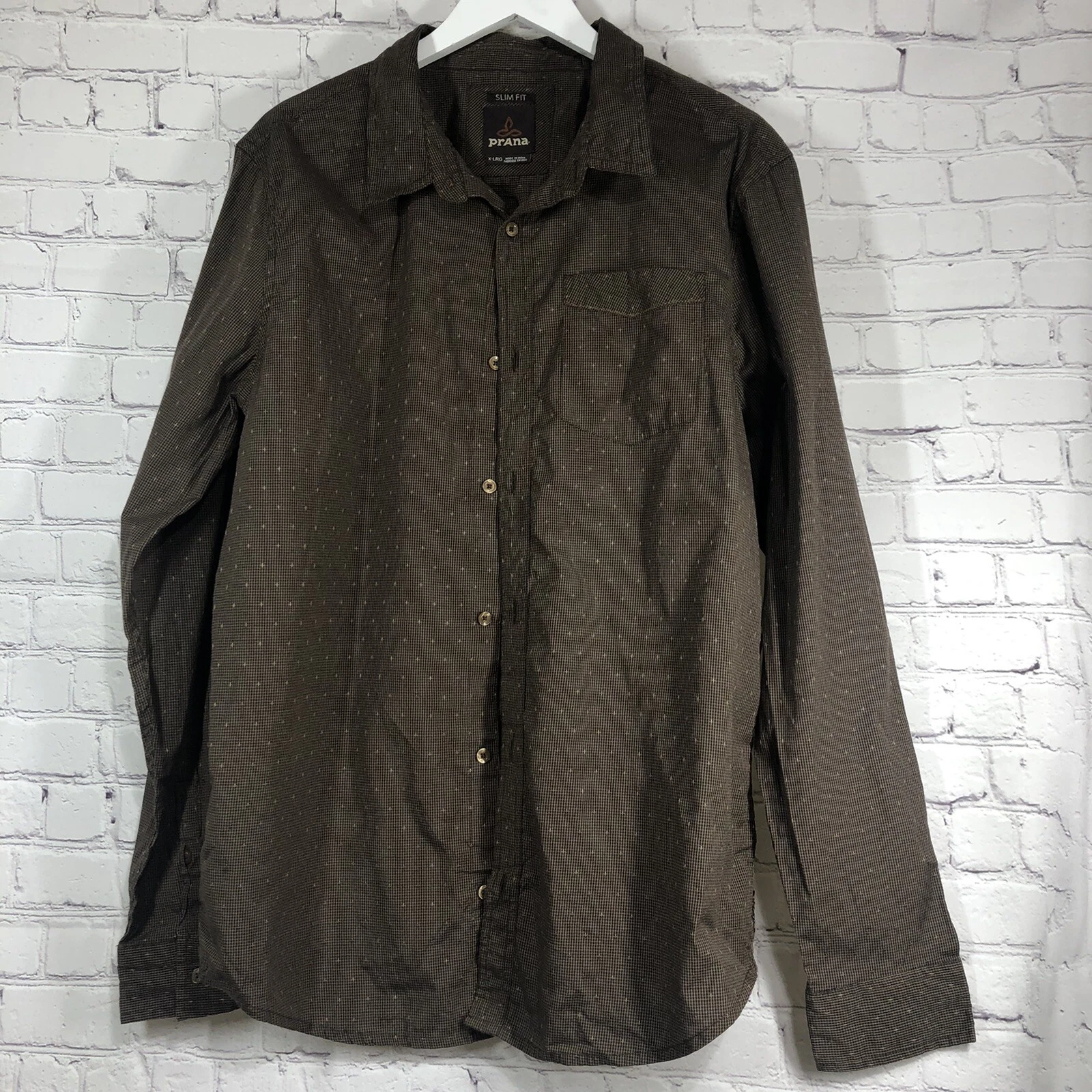 Prana Shirt Men's Brown Plaid Outdoor Button Down Long Sleeve Slim Fit Size XL