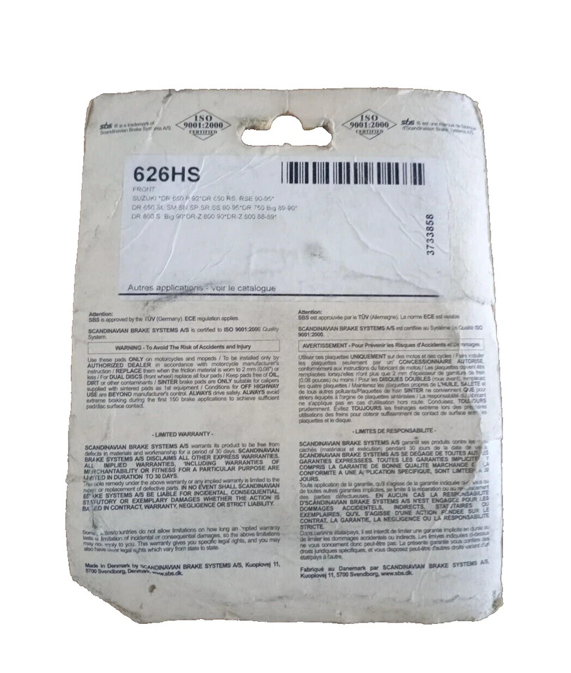 2 plaquettes de frein Avant SBS 626HS pour SUZUKI DR 600/650/750/800 - Photo 2/3