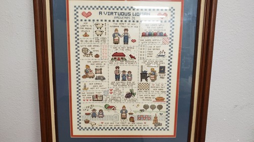 VINTAGE Leisure Arts Framed Cross Stitch A Virtuous Woman Proverbs 31 MOM MOTHER - Picture 2 of 12
