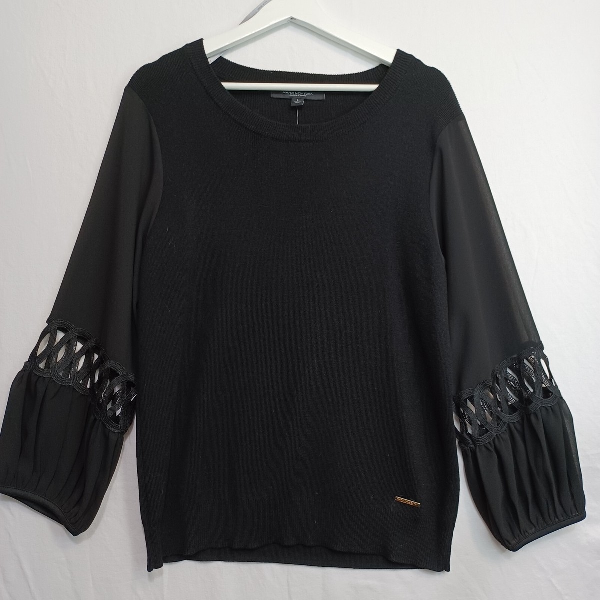 Marc New York Top Womens Large Black Chiffon Sleeve Crochet Lace