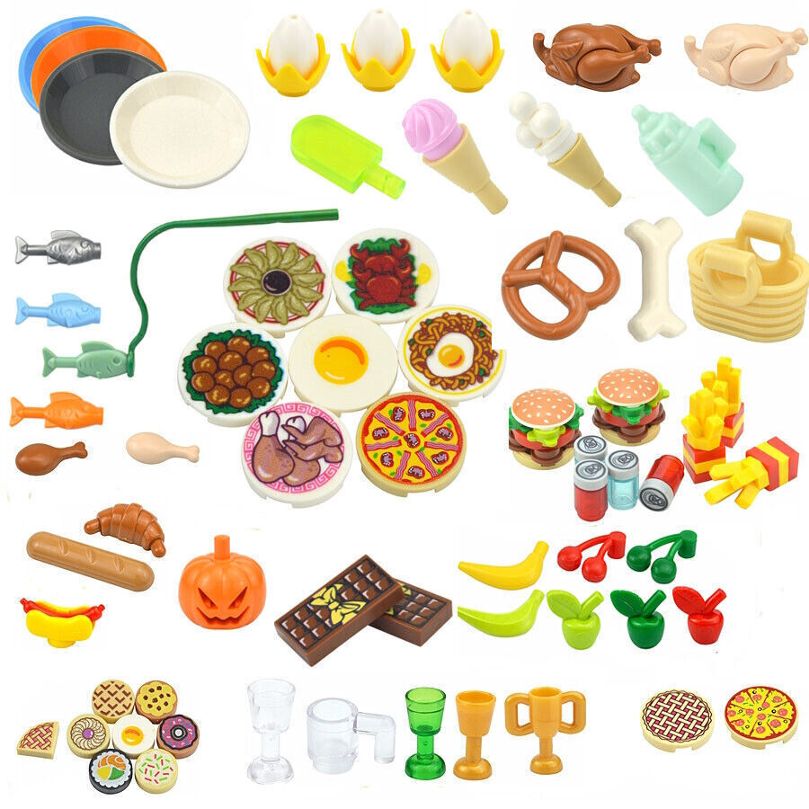 New For Lego Food Accessories Pizza Apple Banana Fruit Steak Hot Dog Slice  Bread