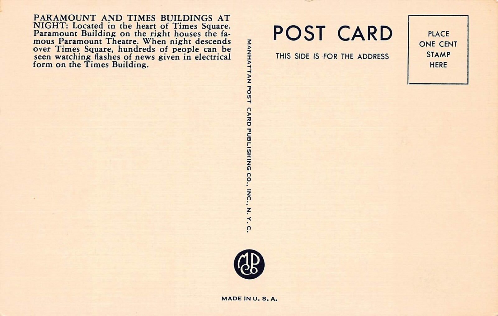 New York City Times Square Broadway Paramount Theatre Night Vtg