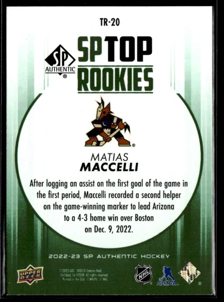 2022-23 SP Authentic Top Rookies Green Matias Maccelli #TR-20 - Image 2 of 2