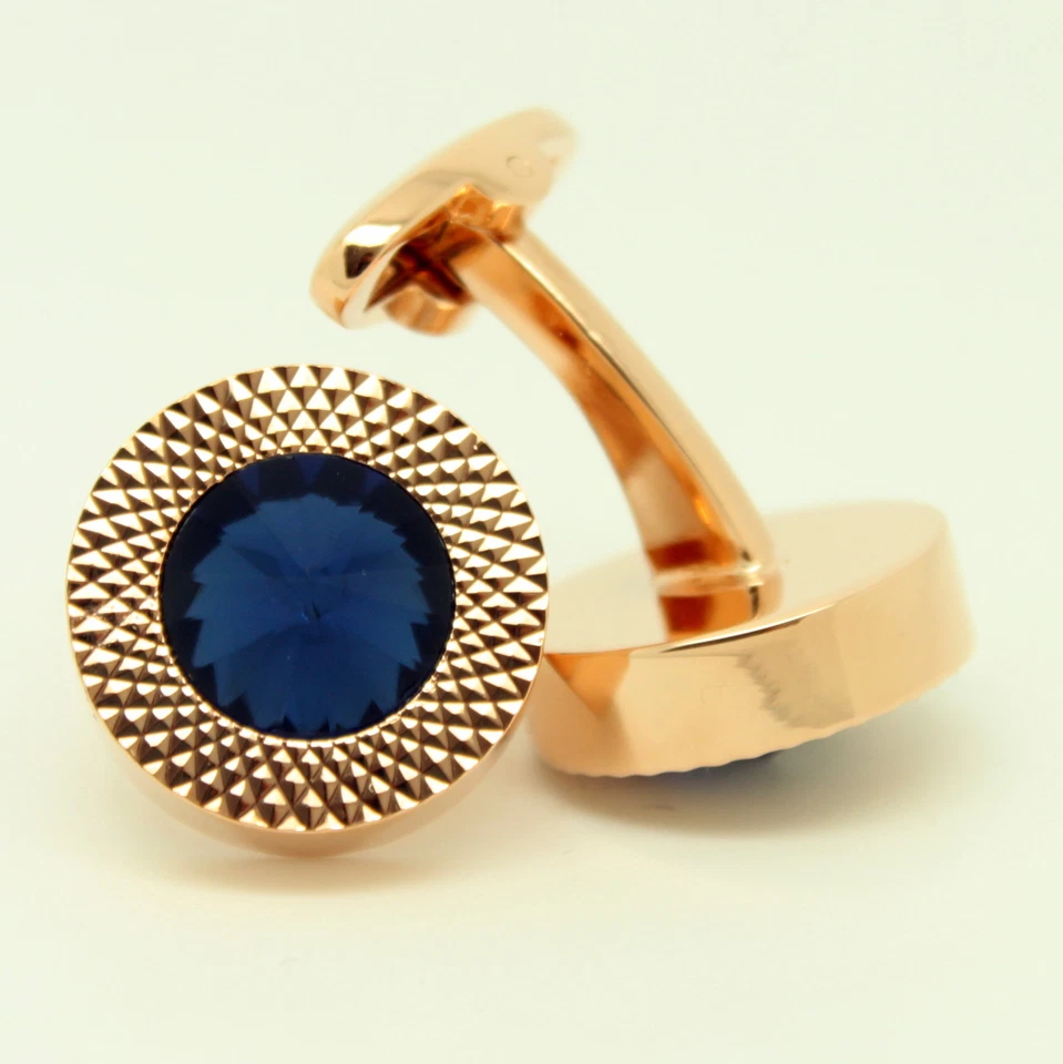 Gemelos redondos de oro rosa impresionantes gemelos circulares de piedra azul brillante para hombre Foto 4 de 4