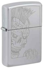 Zippo 46426, Skull With Mohawk Design, High Polish Chrome Lighter, NEW