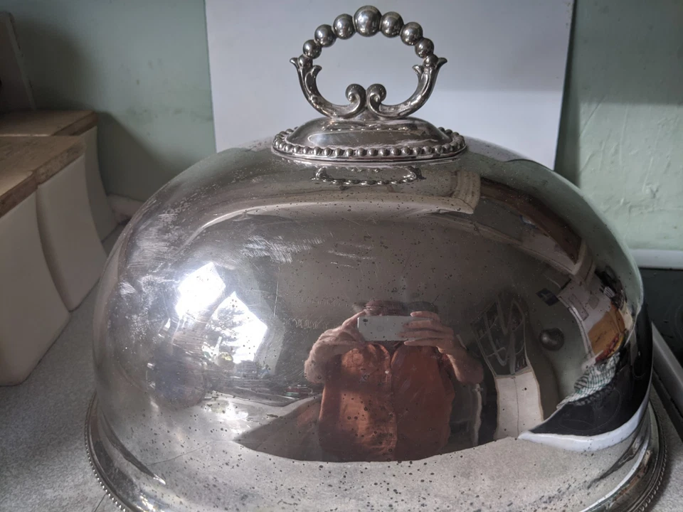 GRANDE CAPA ANTIGA DE CÚPULA DE CARNE/ALIMENTOS BANHADA A PRATA CLOCHE - 17 X 13 X 8 POLEGADAS A - Imagem 4 de 4