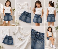 Girls White Sleeveless Top & Blue Denim Skirt...
