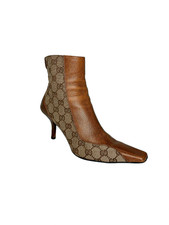 Gucci Vintage GG Monogram Logo Heel Ankle Booties Praline Beige Ebony Leather 7B