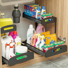 Adjustable 2-Tier Under Sink Organizer - Pull Out Metal Shelf, 2 Pack