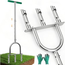 Manual Lawn Aerator Tool, 3-Tine Stainless Steel Adjustable Core Aerator