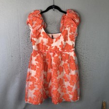 Anthropologie Dress Womens Medium Orange Floral Puff Sleeve Sheer Mini Party
