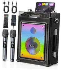 Karaoke Machine for Adults with 2 Wireless Microphones & Guitar Input, Black