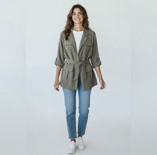 Chico  s Open Front Tie Waist Utility Jacket Olive Green Size 1 Medium 