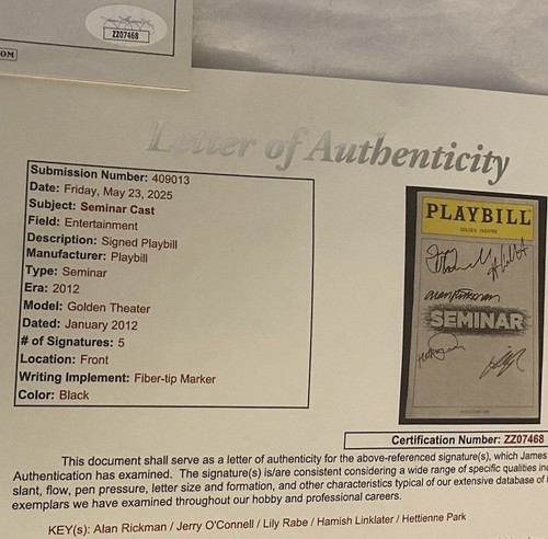 Carta completa firmada por Alan Rickman d.2016 Playbill JSA LOA Jerry O’Connell +3 ¡Más! - Imagen 3 de 5